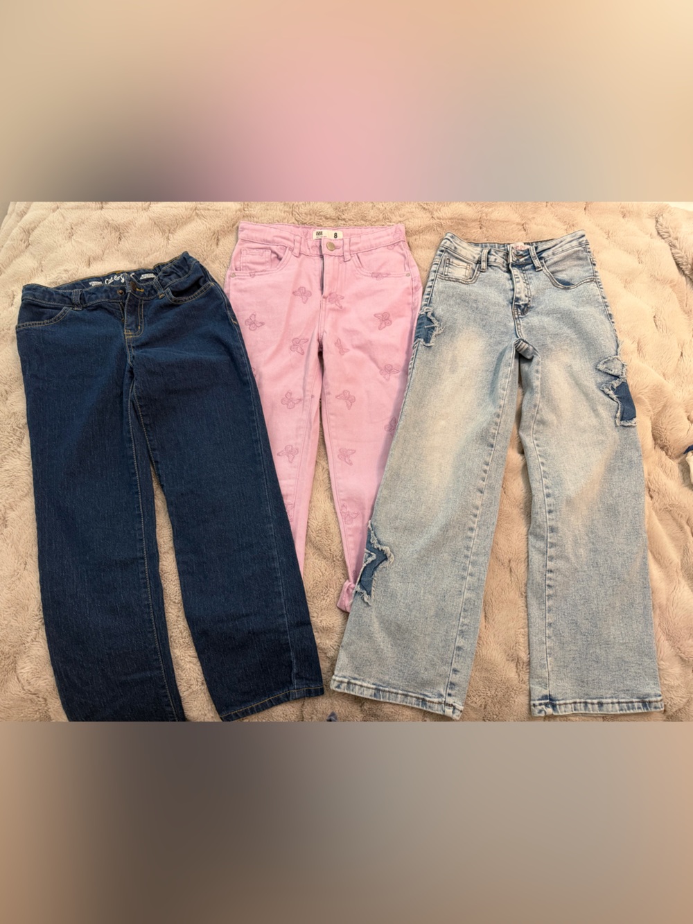 3 pairs of little girl Jeans — Dark Blue, lavender Butterfly, Light Wash